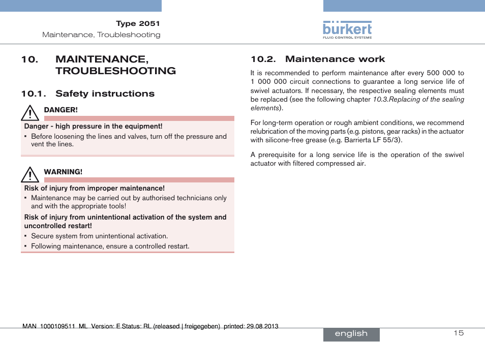 Maintenance, troubleshooting, Safety instructions 10.2. maintenance work | Burkert Type 2051 User Manual | Page 15 / 76