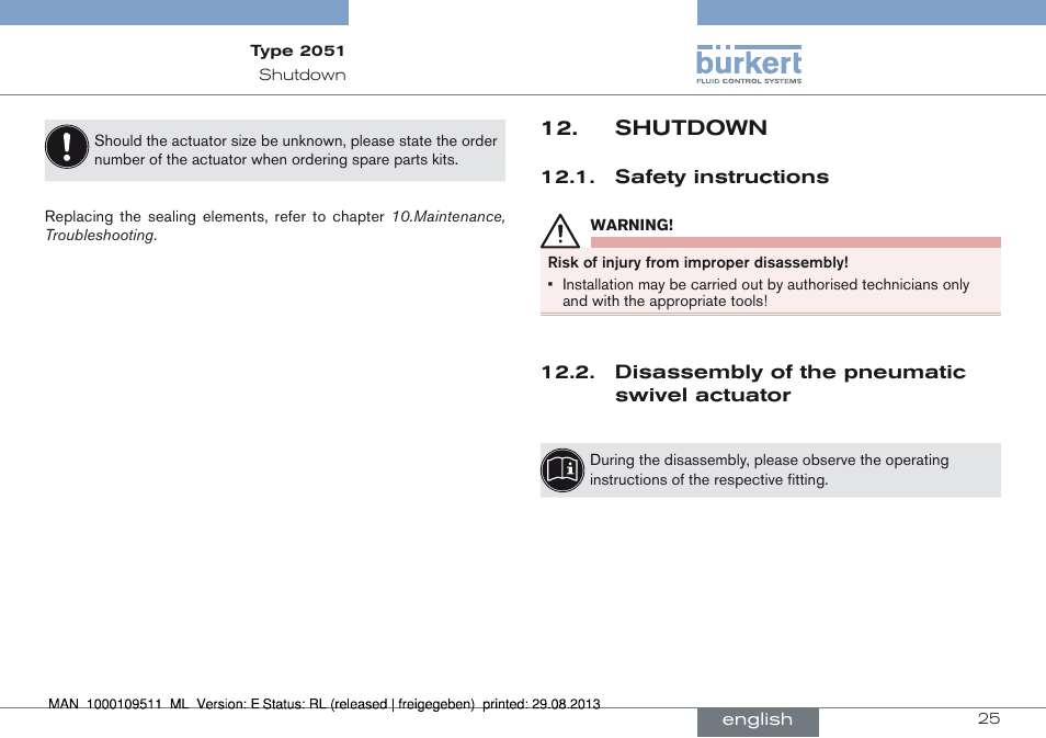 Shutdown, Shutdown 12 | Burkert Type 2051 User Manual | Page 25 / 76