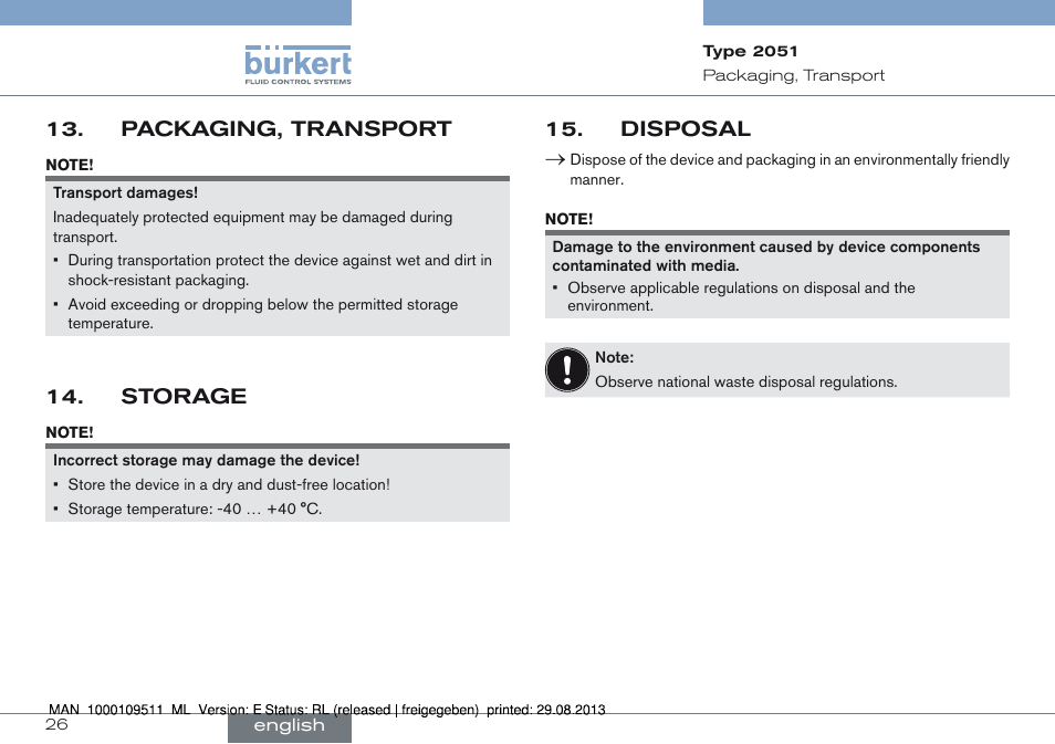 Packaging, transport, Storage, Disposal | Packaging, transport 13, Storage 14, Disposal 15 | Burkert Type 2051 User Manual | Page 26 / 76