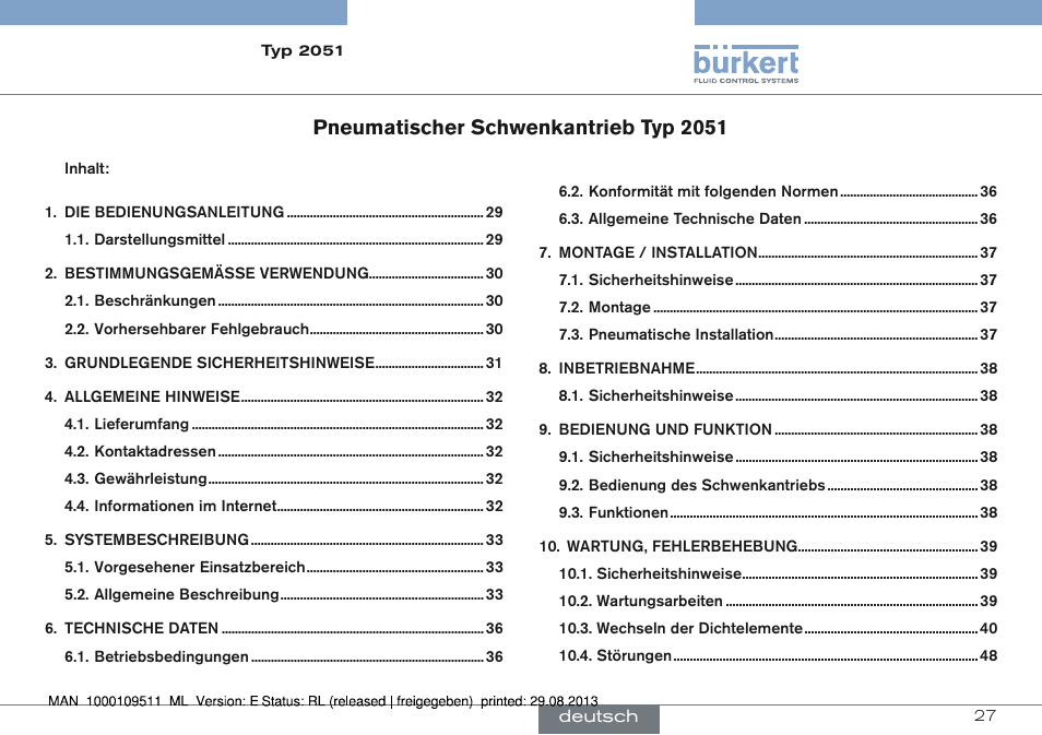 Deutsch, Pneumatischer schwenkantrieb typ 2051 | Burkert Type 2051 User Manual | Page 27 / 76