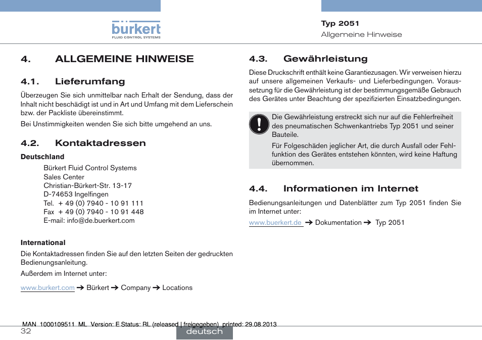 Allgemeine hinweise, Allgemeine hinweise 4 | Burkert Type 2051 User Manual | Page 32 / 76