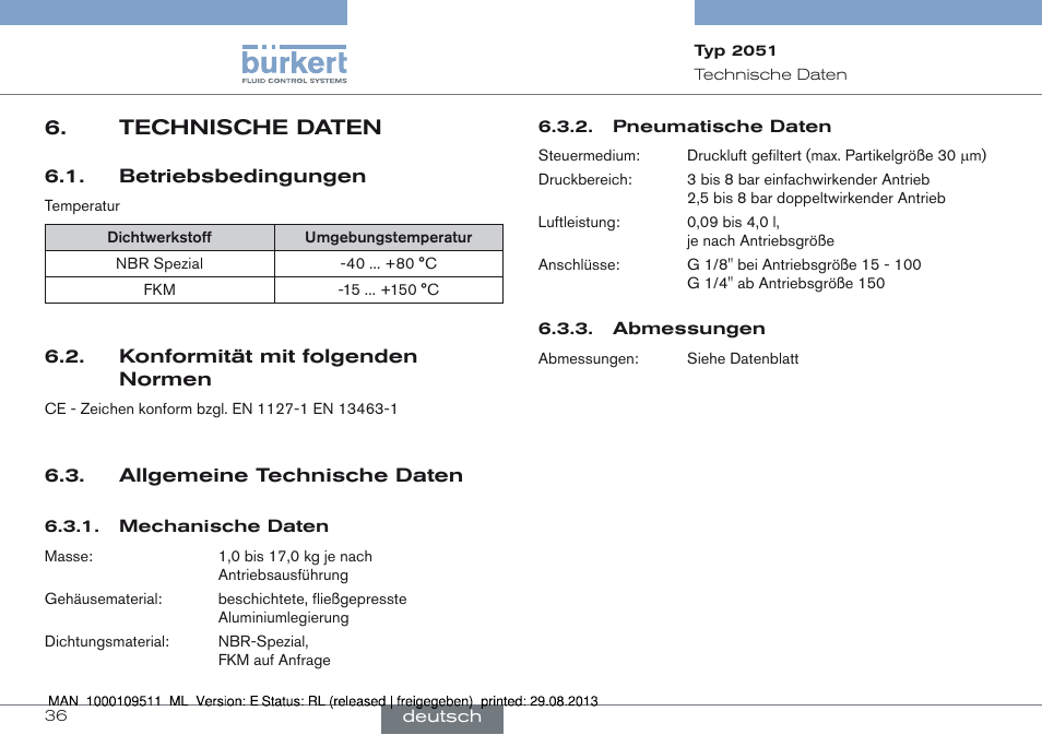 Technische daten, Betriebsbedingungen | Burkert Type 2051 User Manual | Page 36 / 76