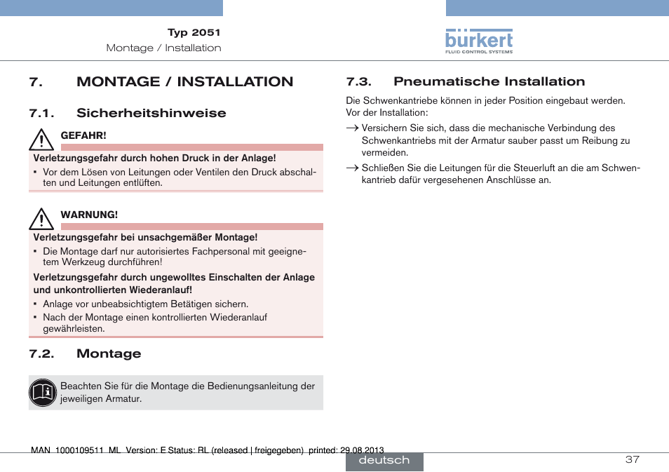 Montage / installation, Montage / installation 7 | Burkert Type 2051 User Manual | Page 37 / 76