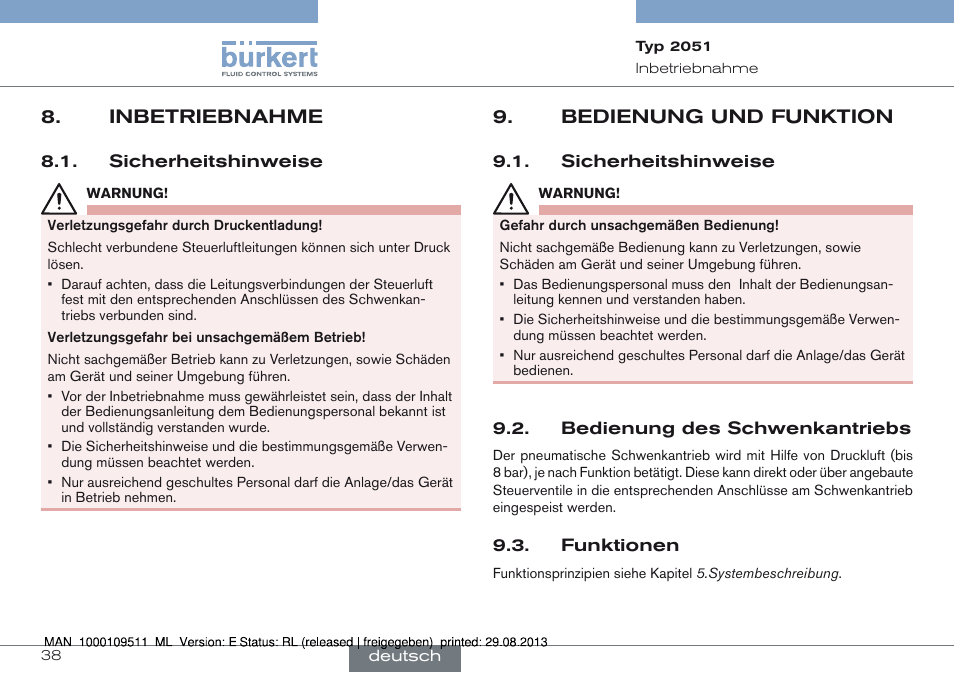 Inbetriebnahme, Sicherheitshinweise, Bedienung und funktion | Inbetriebnahme 8, Bedienung und funktion 9 | Burkert Type 2051 User Manual | Page 38 / 76