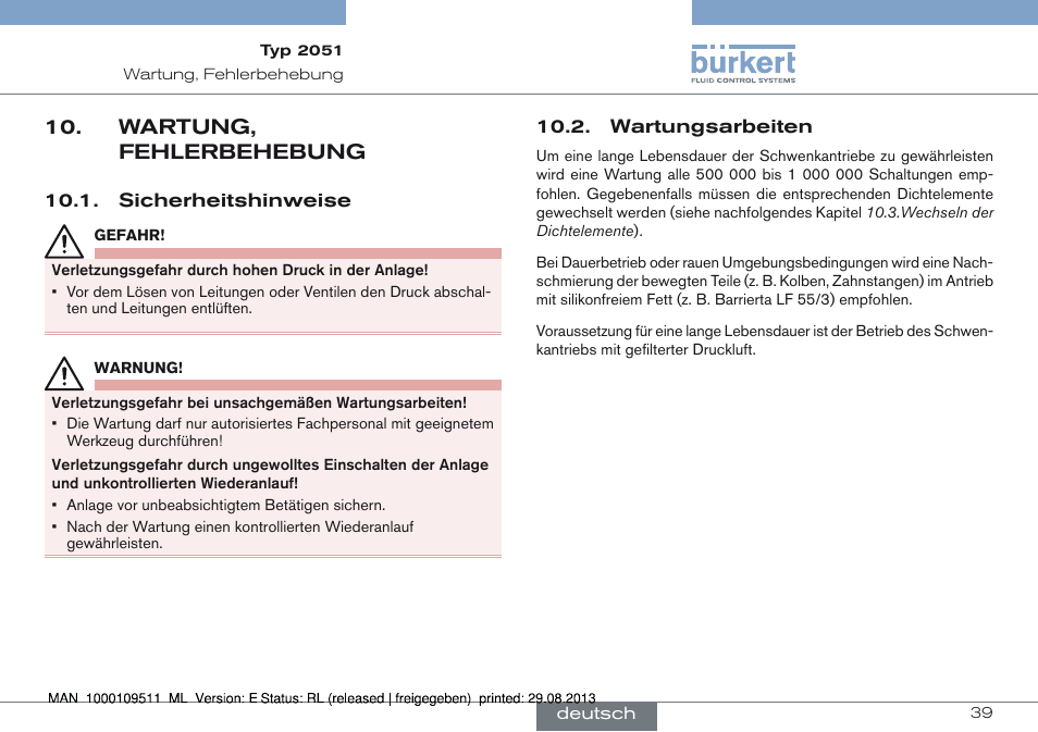 Wartung, fehlerbehebung, Sicherheitshinweise 10.2. wartungsarbeiten | Burkert Type 2051 User Manual | Page 39 / 76