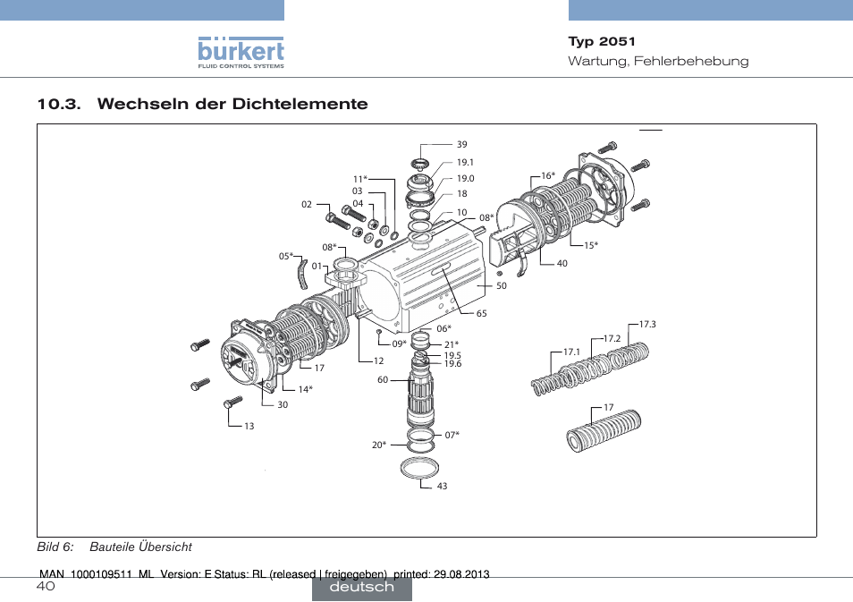 Wechseln der dichtelemente, Deutsch | Burkert Type 2051 User Manual | Page 40 / 76
