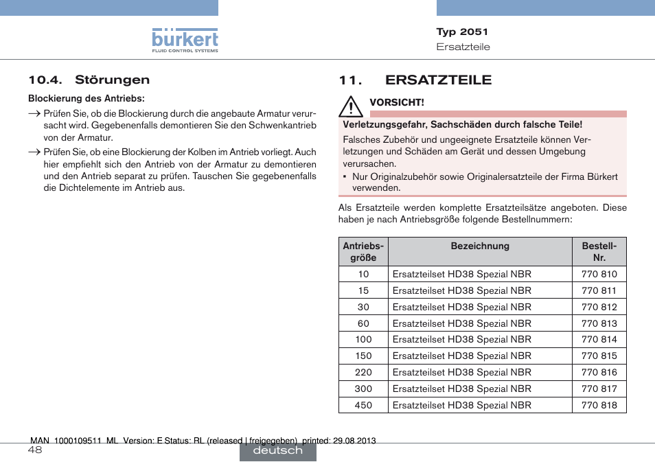 Störungen, Ersatzteile, Ersatzteile 11 | Burkert Type 2051 User Manual | Page 48 / 76