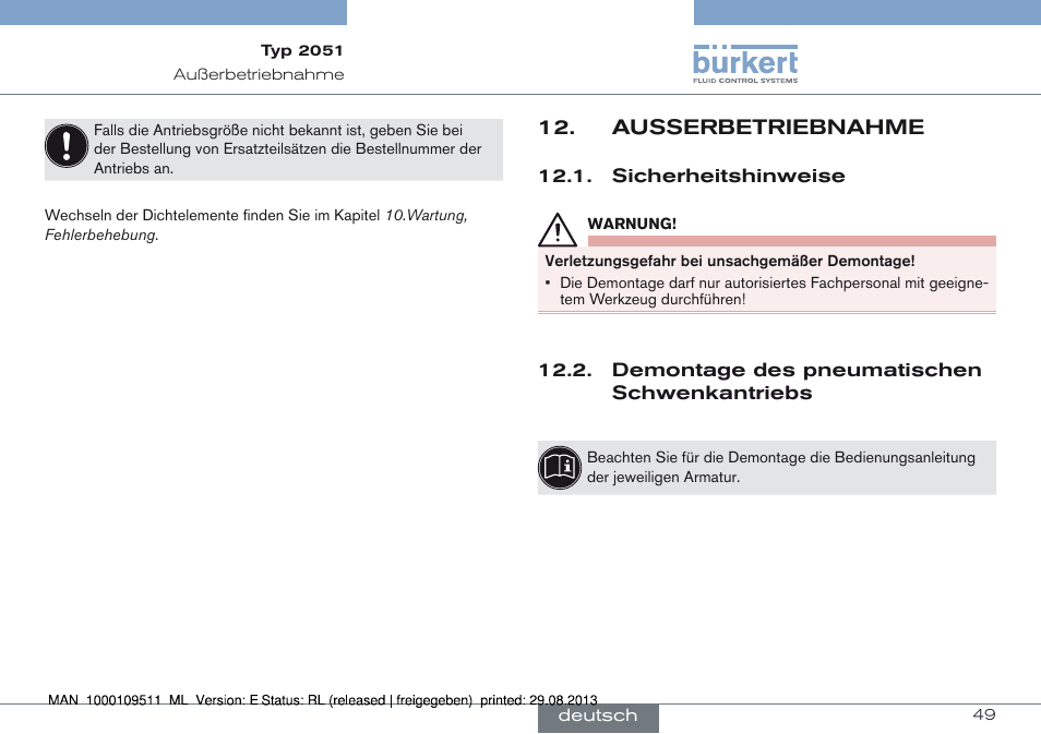 Ausserbetriebnahme, Ausserbetriebnahme 12 | Burkert Type 2051 User Manual | Page 49 / 76