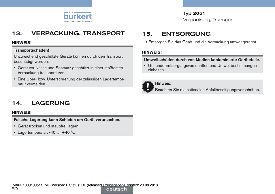 Verpackung, transport, Lagerung, Entsorgung | Verpackung, transport 13, Lagerung 14, Entsorgung 15 | Burkert Type 2051 User Manual | Page 50 / 76