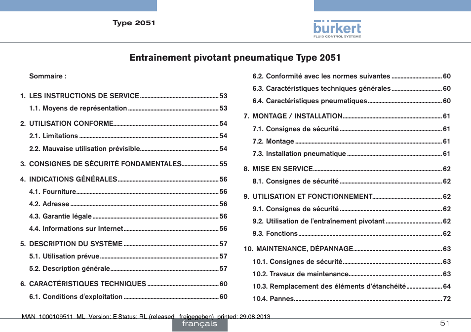 Francais, Entraînement pivotant pneumatique type 2051 | Burkert Type 2051 User Manual | Page 51 / 76