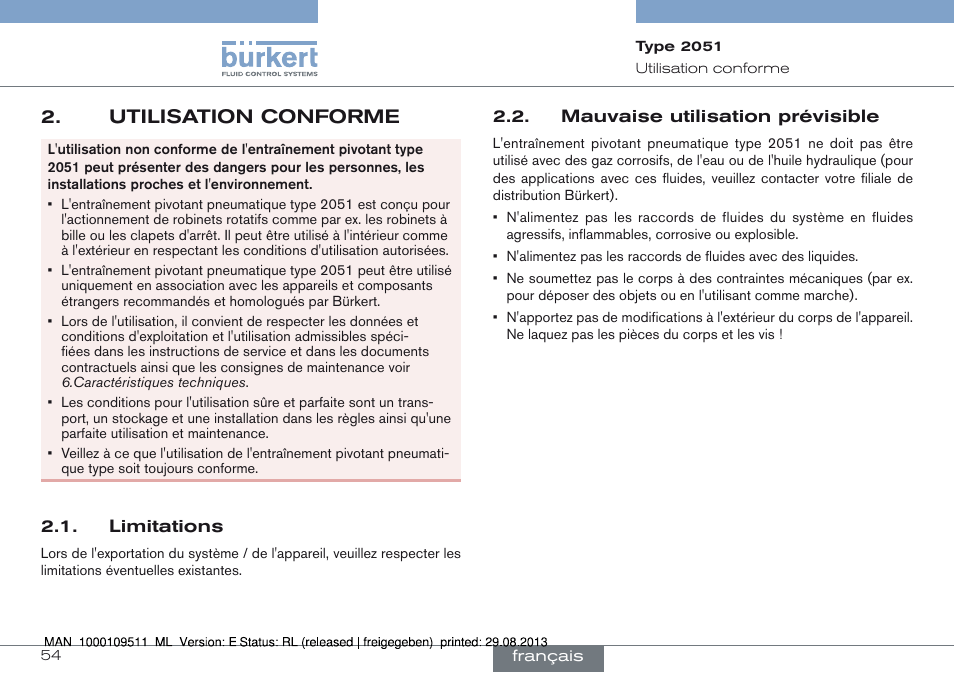 Utilisation conforme, Limitations 2.2. mauvaise utilisation prévisible, Utilisation conforme 2 | Burkert Type 2051 User Manual | Page 54 / 76