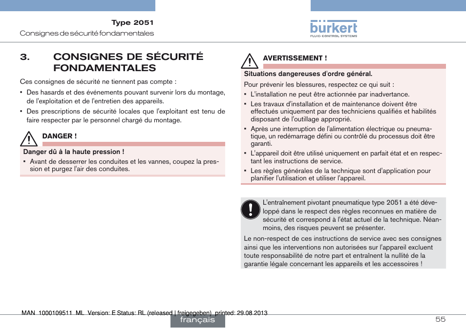 Consignes de sécurité fondamentales, Consignes de sécurité 3. fondamentales | Burkert Type 2051 User Manual | Page 55 / 76