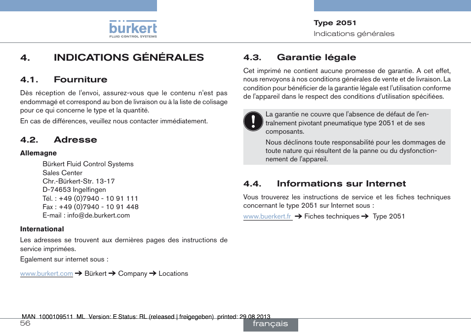 Indications générales, Indications générales 4 | Burkert Type 2051 User Manual | Page 56 / 76