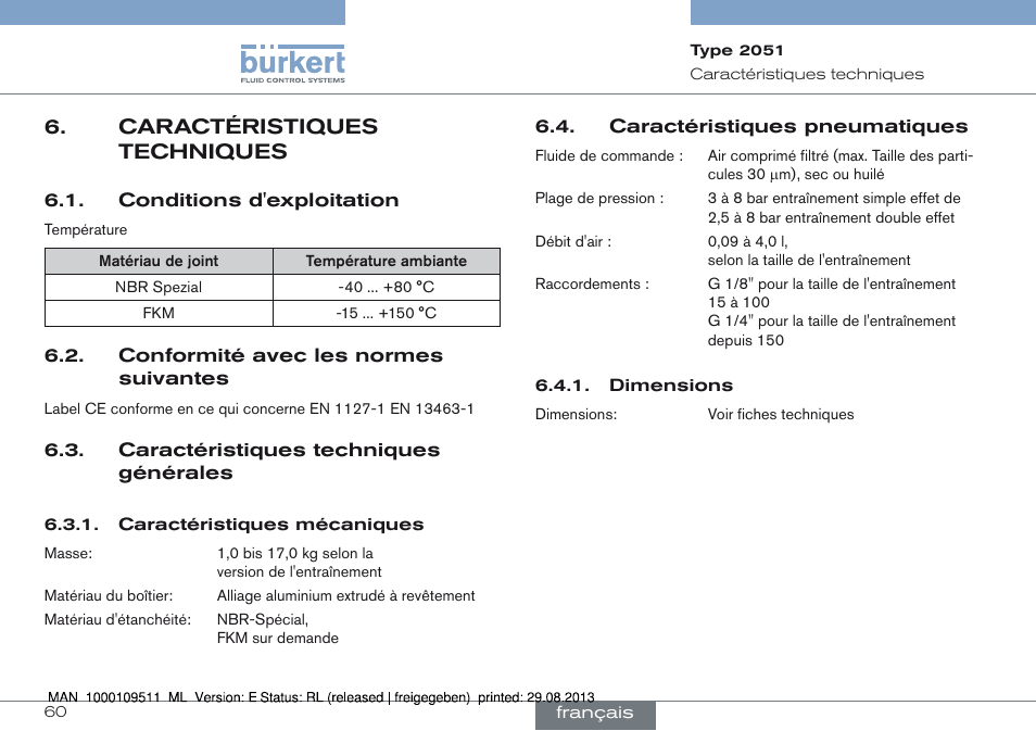 Caractéristiques techniques, Conditions d'exploitation | Burkert Type 2051 User Manual | Page 60 / 76