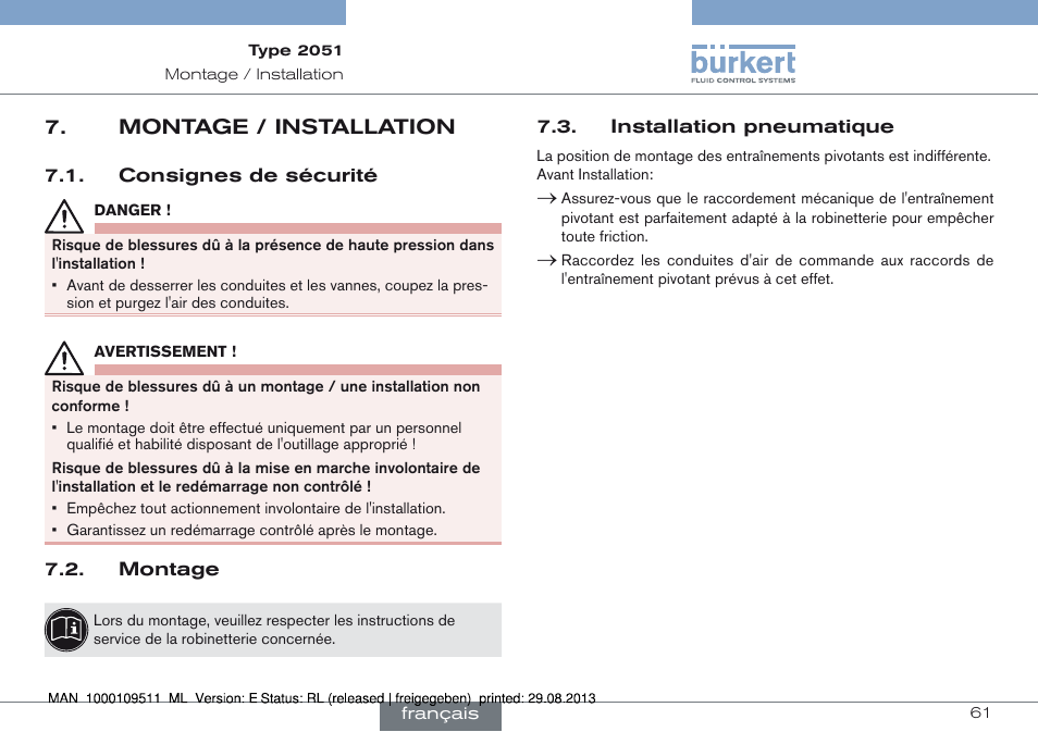 Montage / installation, Montage / installation 7 | Burkert Type 2051 User Manual | Page 61 / 76