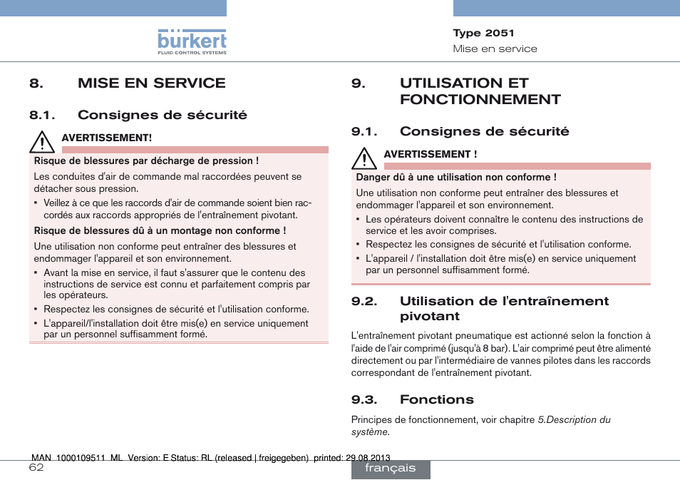 Mise en service, Consignes de sécurité, Utilisation et fonctionnement | Mise en service 8, Utilisation et 9. fonctionnement | Burkert Type 2051 User Manual | Page 62 / 76