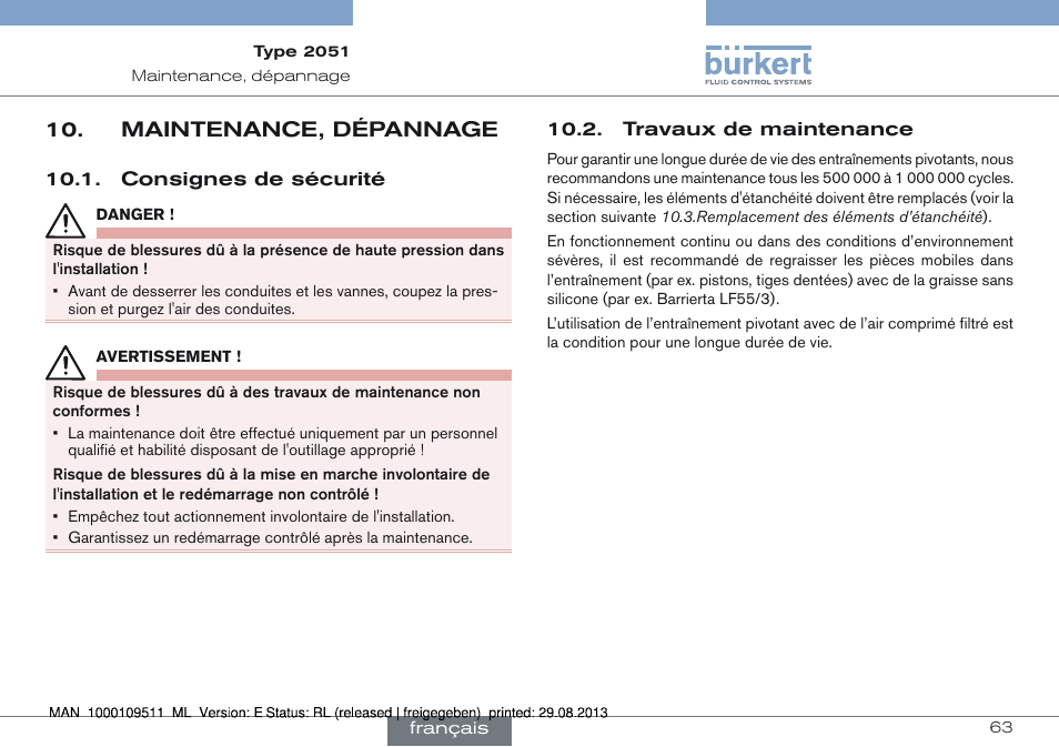 Maintenance, dépannage, Consignes de sécurité 10.2. travaux de maintenance | Burkert Type 2051 User Manual | Page 63 / 76