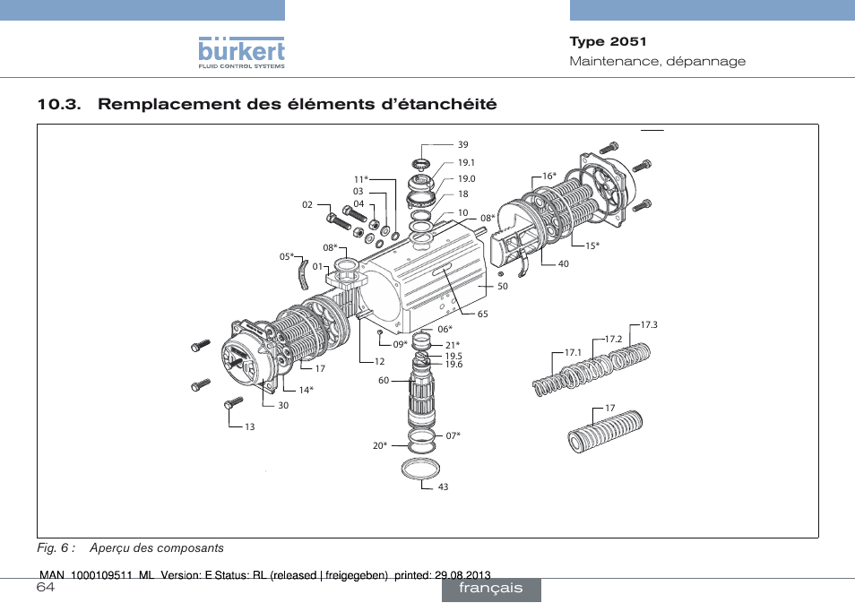 Remplacement des éléments d’étanchéité, Français | Burkert Type 2051 User Manual | Page 64 / 76