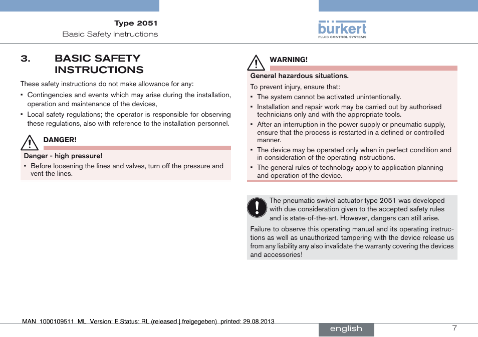 Basic safety instructions, Basic safety 3. instructions | Burkert Type 2051 User Manual | Page 7 / 76