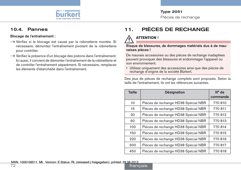 Pannes, Pièces de rechange, Pièces de rechange 11 | Burkert Type 2051 User Manual | Page 72 / 76