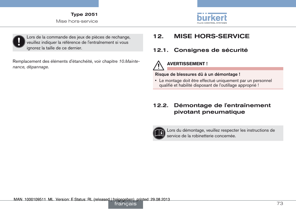 Mise hors-service, Mise hors-service 12 | Burkert Type 2051 User Manual | Page 73 / 76