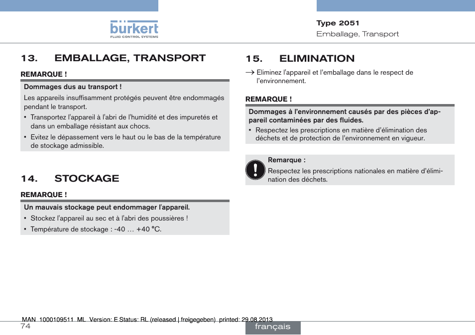 Emballage, transport, Stockage, Elimination | Emballage, transport 13, Stockage 14, Elimination 15 | Burkert Type 2051 User Manual | Page 74 / 76