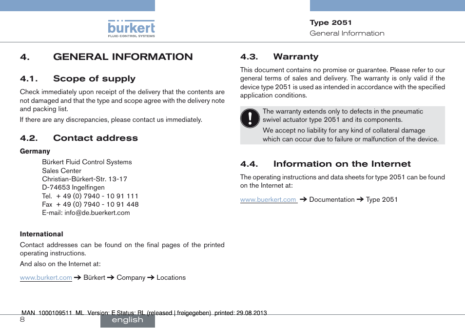 General information, General information 4 | Burkert Type 2051 User Manual | Page 8 / 76