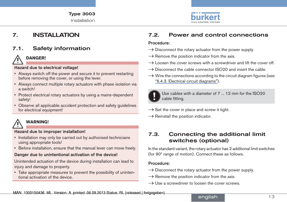 Installation | Burkert Type 3003 User Manual | Page 13 / 70