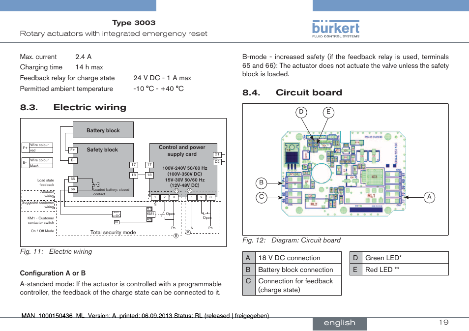 Electric wiring 8.4. circuit board, Electric wiring, Circuit board | English, Type 3003 | Burkert Type 3003 User Manual | Page 19 / 70