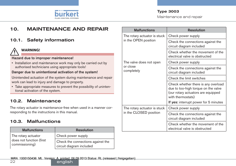 Maintenance and repair | Burkert Type 3003 User Manual | Page 22 / 70