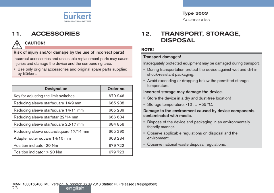 Accessories, Transport, storage, disposal | Burkert Type 3003 User Manual | Page 23 / 70