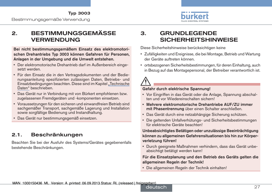 Bestimmungsgemässe verwendung, Beschränkungen, Grundlegende sicherheitshinweise | Burkert Type 3003 User Manual | Page 27 / 70