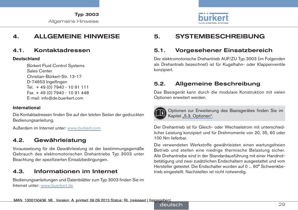 Allgemeine hinweise, Systembeschreibung | Burkert Type 3003 User Manual | Page 29 / 70