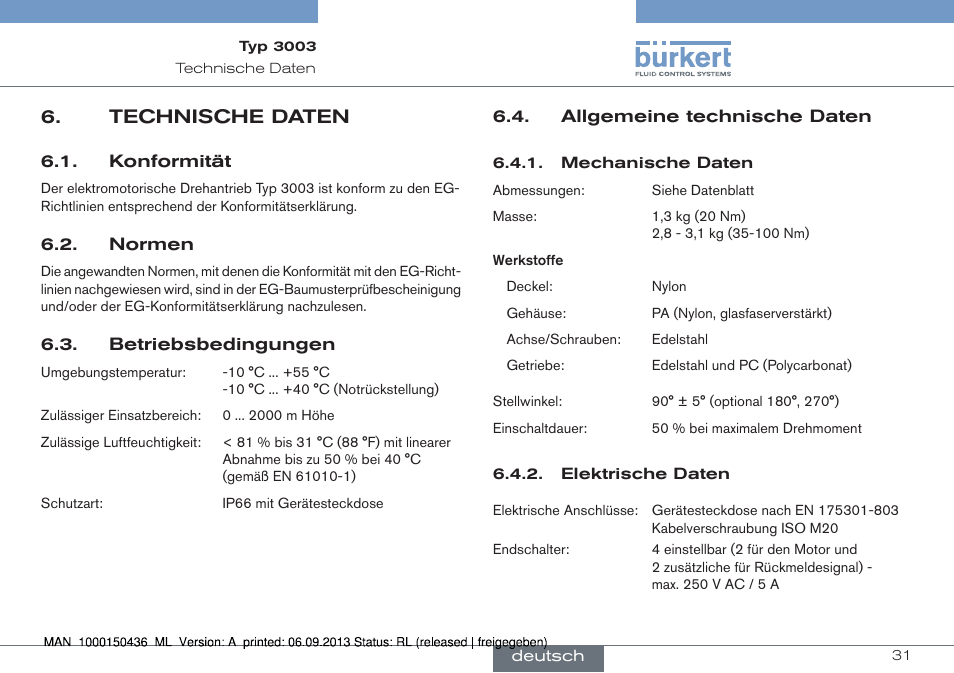 Technische daten | Burkert Type 3003 User Manual | Page 31 / 70