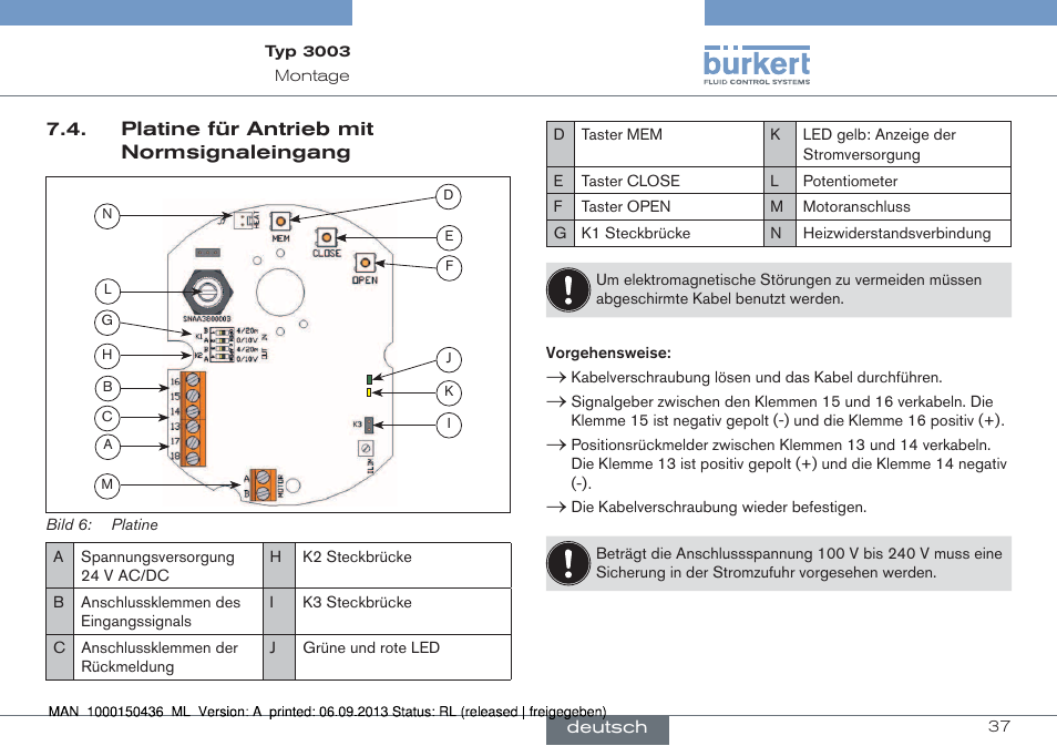 Platine für antrieb mit normsignaleingang | Burkert Type 3003 User Manual | Page 37 / 70
