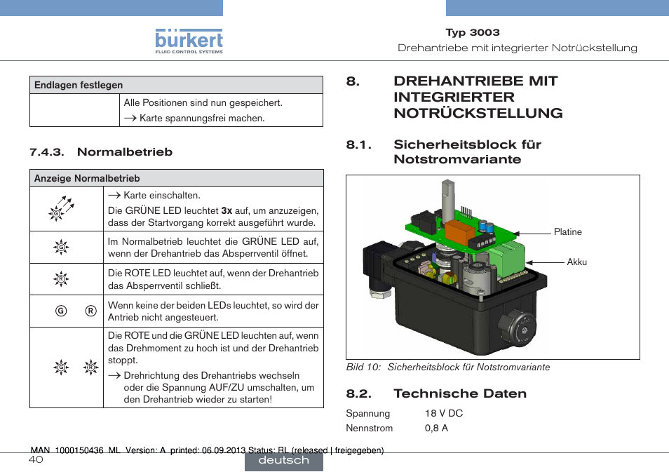 Drehantriebe mit integrierter, Drehantriebe mit integrierter notrückstellung | Burkert Type 3003 User Manual | Page 40 / 70