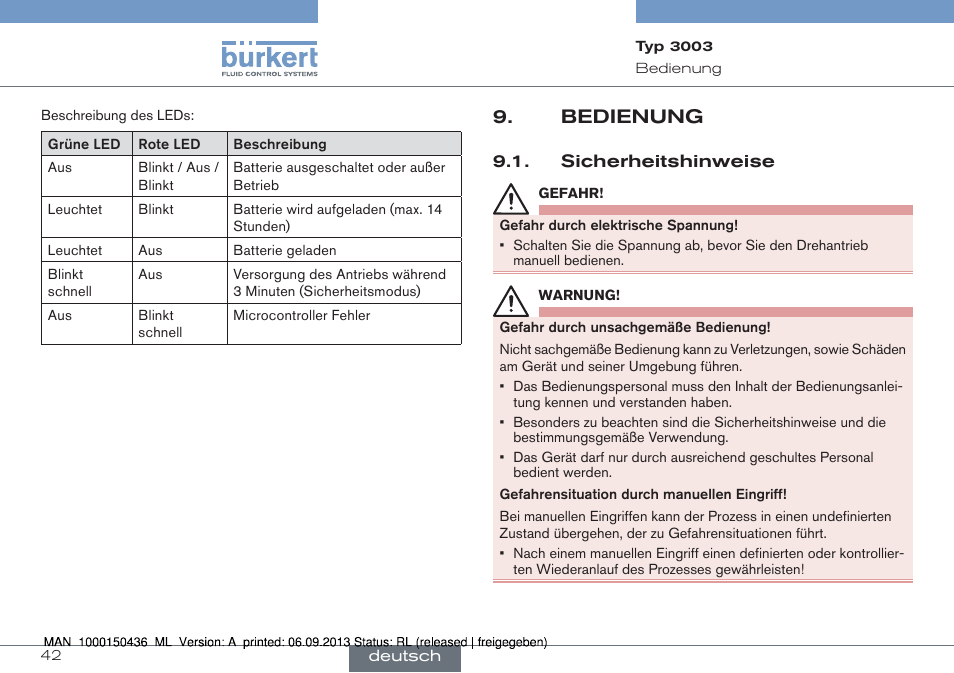 Bedienung, Sicherheitshinweise | Burkert Type 3003 User Manual | Page 42 / 70