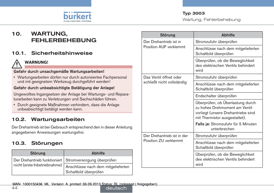 Wartung, fehlerbehebung | Burkert Type 3003 User Manual | Page 44 / 70