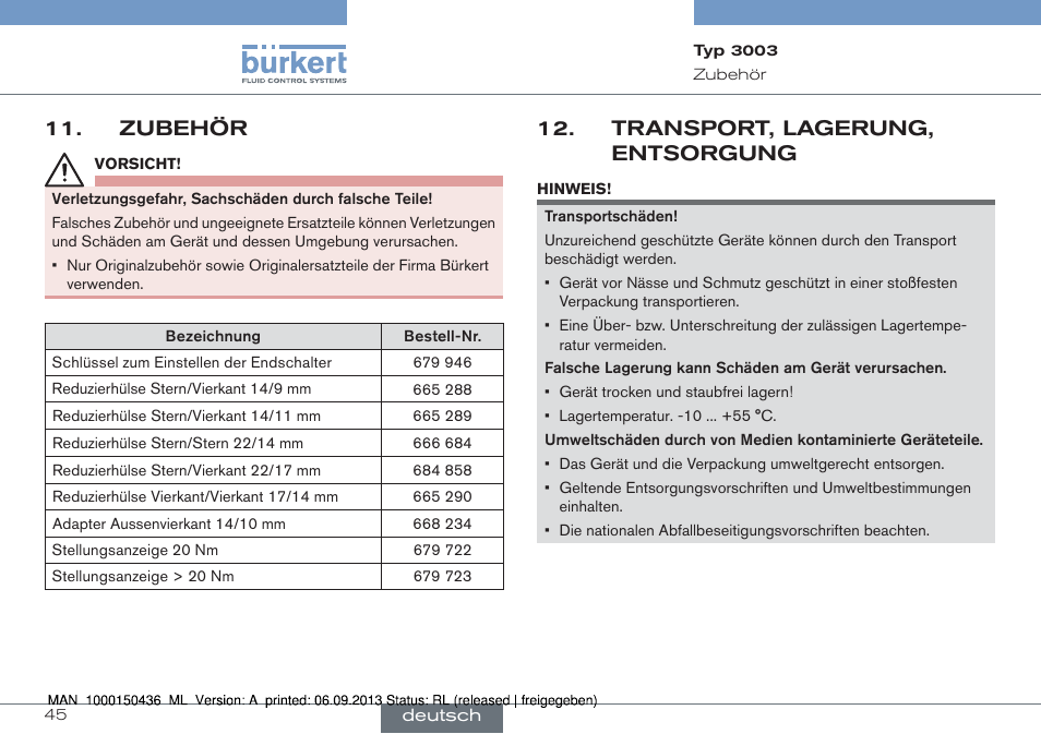 Zubehör, Transport, lagerung, entsorgung | Burkert Type 3003 User Manual | Page 45 / 70