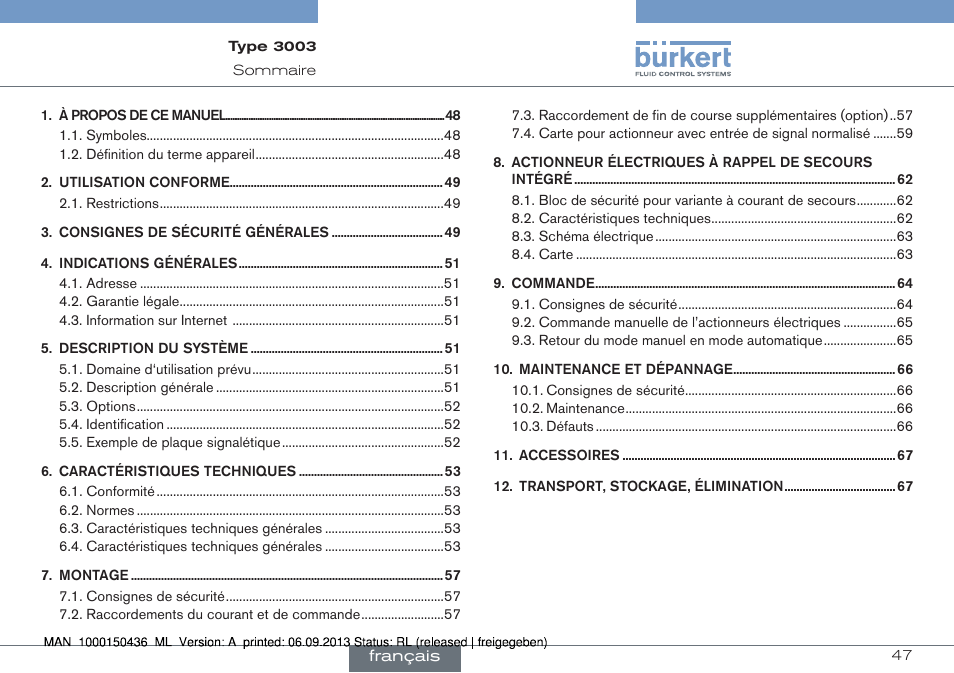 Français | Burkert Type 3003 User Manual | Page 47 / 70