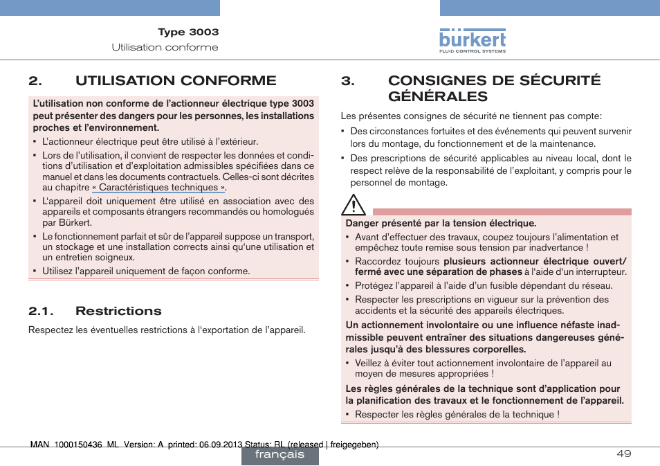 Utilisation conforme, Restrictions, Consignes de sécurité générales | Burkert Type 3003 User Manual | Page 49 / 70