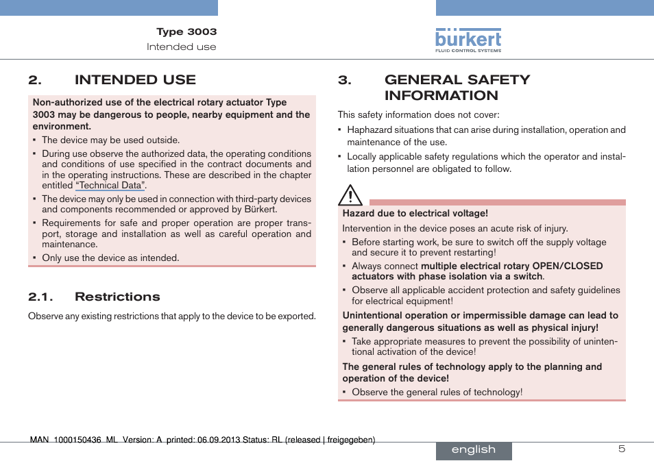 Intended use, Restrictions, General safety information | Burkert Type 3003 User Manual | Page 5 / 70