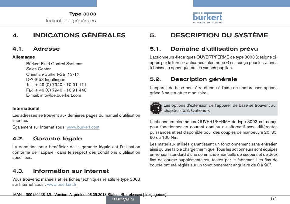 Indications générales, Description du système | Burkert Type 3003 User Manual | Page 51 / 70