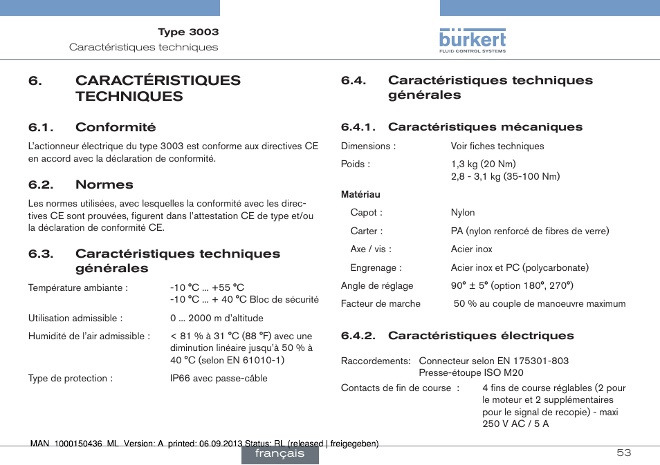 Caractéristiques techniques | Burkert Type 3003 User Manual | Page 53 / 70