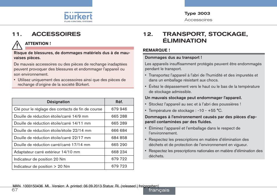 Accessoires, Transport, stockage, élimination | Burkert Type 3003 User Manual | Page 67 / 70