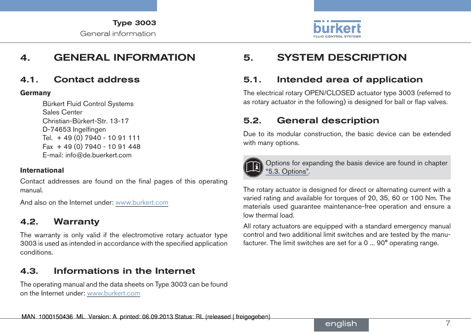 General information, System description | Burkert Type 3003 User Manual | Page 7 / 70