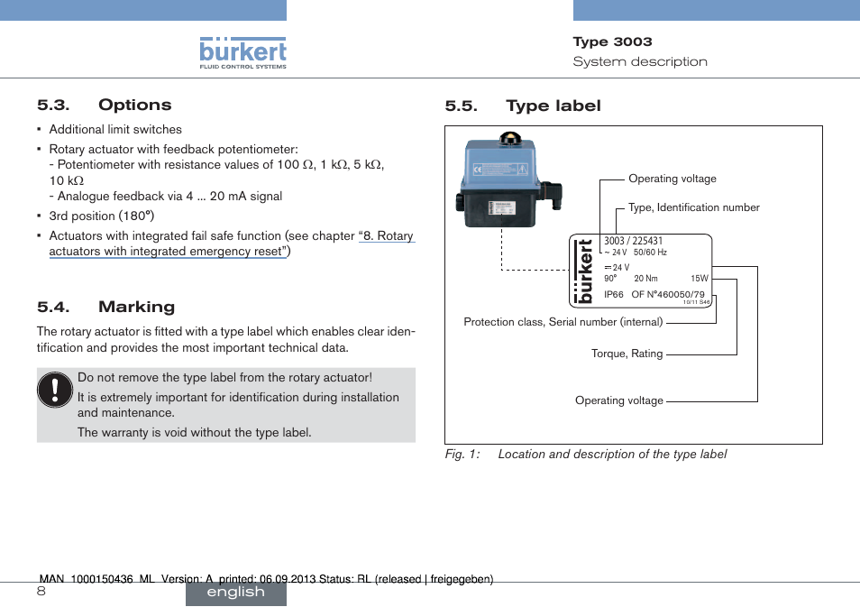 Options 5.4. marking 5.5. type label, Options, Marking | Type label, English | Burkert Type 3003 User Manual | Page 8 / 70