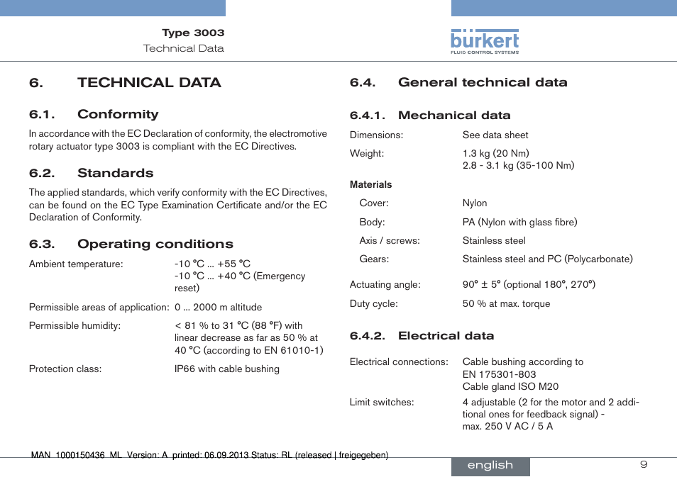 Technical data | Burkert Type 3003 User Manual | Page 9 / 70
