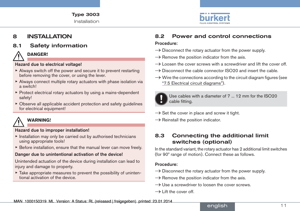 8 installation | Burkert Type 3003 User Manual | Page 11 / 58