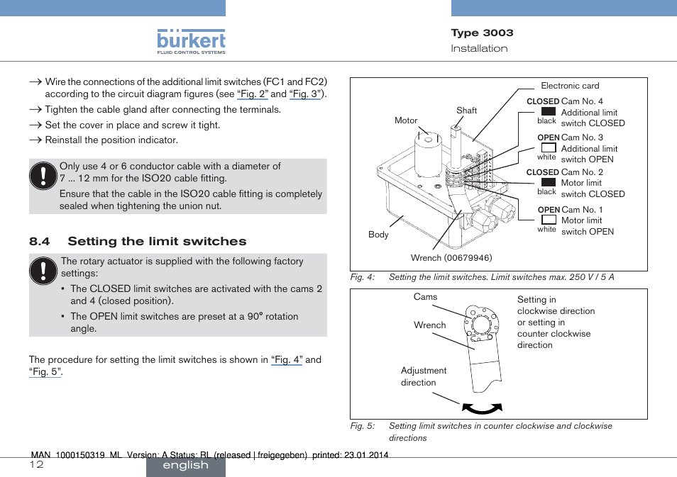 4 setting the limit switches | Burkert Type 3003 User Manual | Page 12 / 58